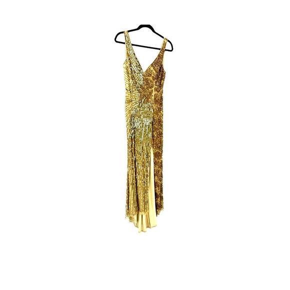 Mac Duggal 5473 High Slit Embellished Sequins Dress Gold Size 12 NWT - Picture 6 of 12